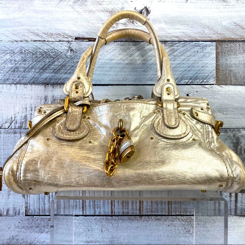 Chloe Paddington lock and chain with key metallic leather gold hardware